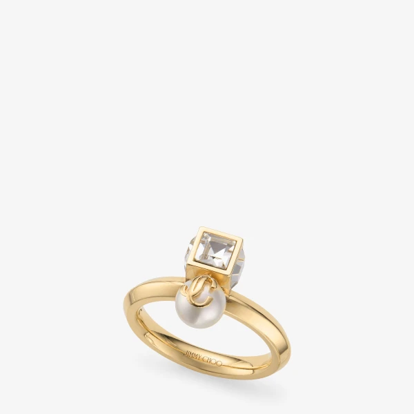 Gold, White and Crystal Jimmy Choo JC Pearl Cube Ring, view 2 | Rings