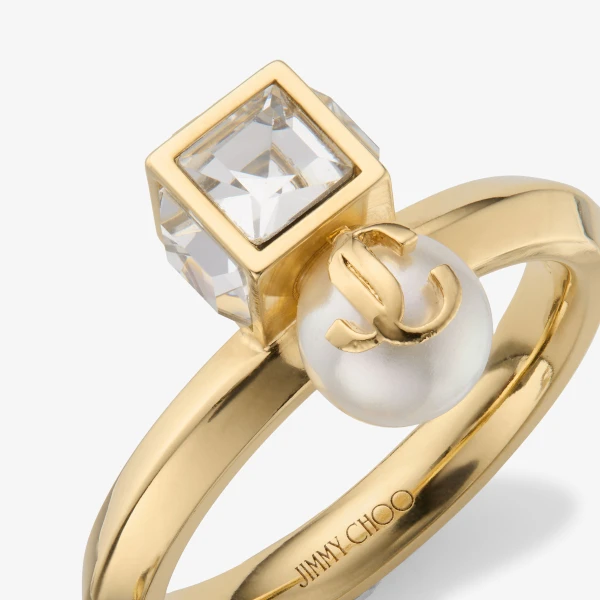 Gold, White and Crystal Jimmy Choo JC Pearl Cube Ring, view 3 | Rings