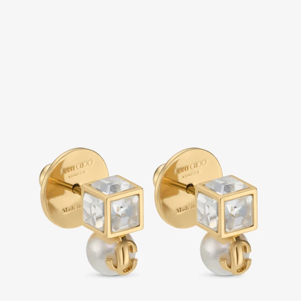 Gold, White and Crystal Jimmy Choo JC Pearl Cube Studs, view 2 | Earrings