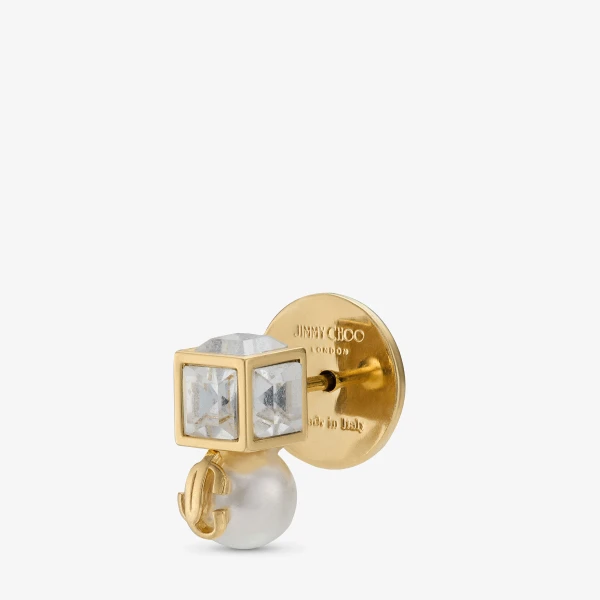 Gold, White and Crystal Jimmy Choo JC Pearl Cube Studs, view 3 | Earrings