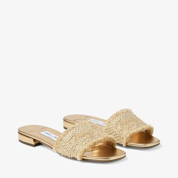 Gold and Dark Cappuccino Jimmy Choo Joa Flat, view 3 | Sandals
