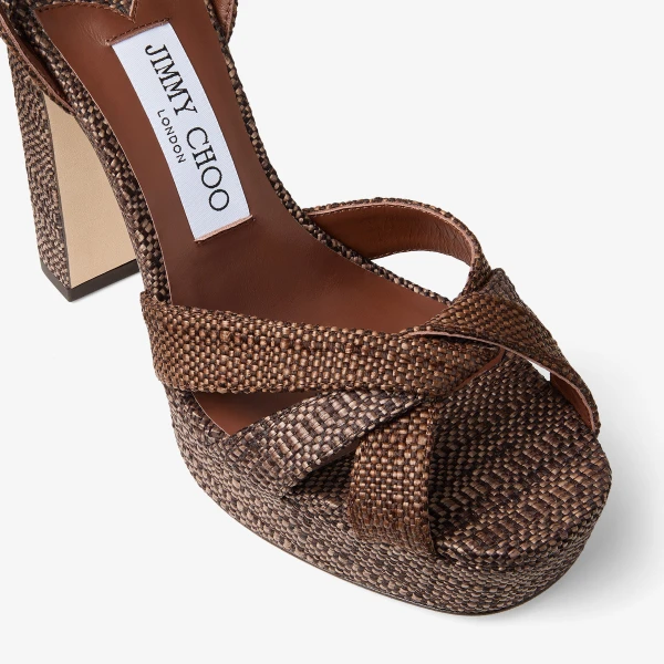 Chocolate and Tan Jimmy Choo Kove 120 Platform Sandals, view 4 | Sandals