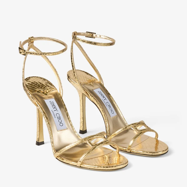 Gold Jimmy Choo Leo 100 Sandals, view 3 | Sandals