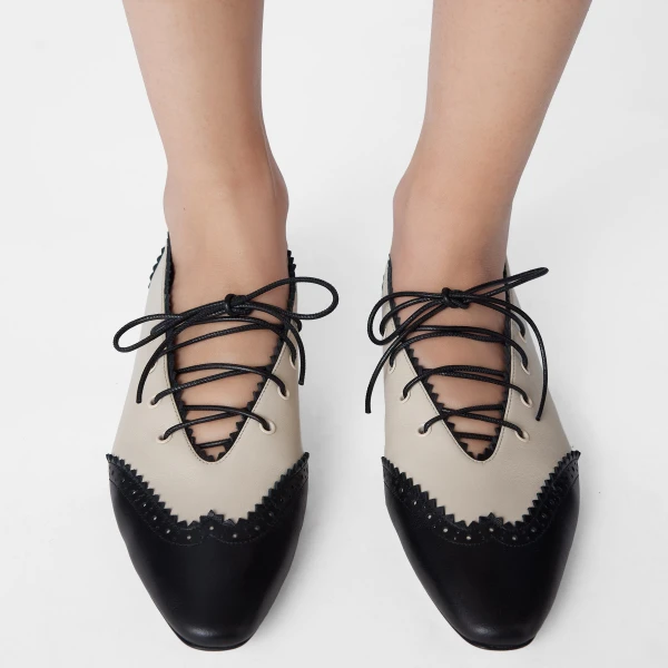 Black and Ecru Jimmy Choo Margot Lace Up Flat, view 3 | Flats