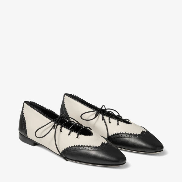 Black and Ecru Jimmy Choo Margot Lace Up Flat, view 4 | Flats