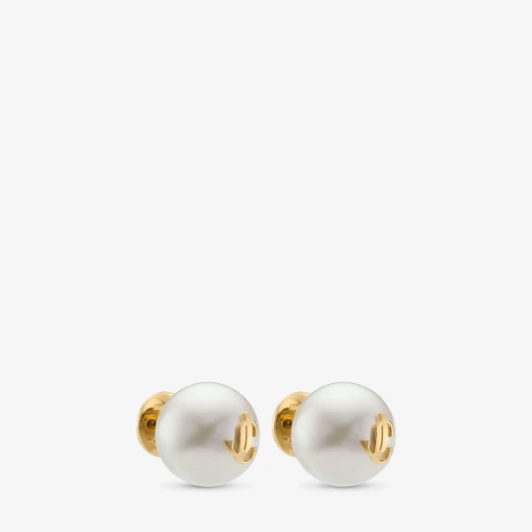 Gold and White Jimmy Choo Maxi Pearl Studs, view 2 | Earrings