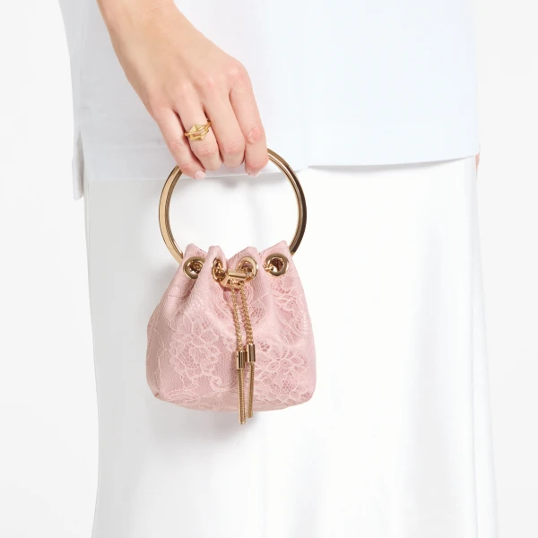 Rose and Light Gold Jimmy Choo Micro Bon Bon Bucket Bag, view 2 | Bucket Bags