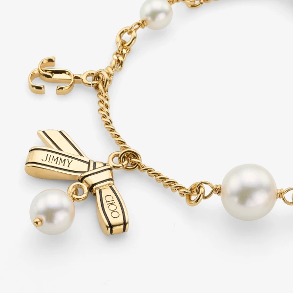 Gold, Black and White Jimmy Choo Multi Charm Ribbon Bracelet, view 2 | Bracelets