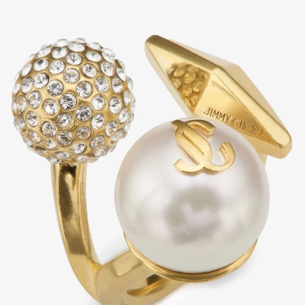 Gold, White and Crystal Jimmy Choo Multi Charm Ring, view 4 | Rings