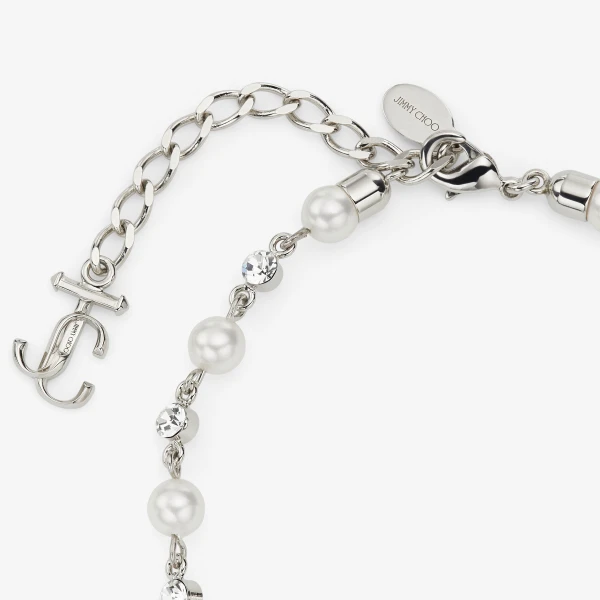 Silver, White and Crystal Jimmy Choo Pearl Crystal Anklet, view 2 | Jewelry