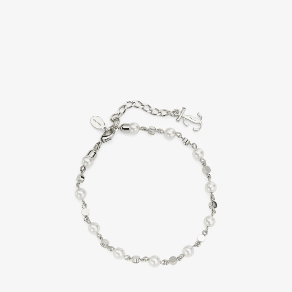 Silver, White and Crystal Jimmy Choo Pearl Crystal Anklet, view 5 | Jewelry