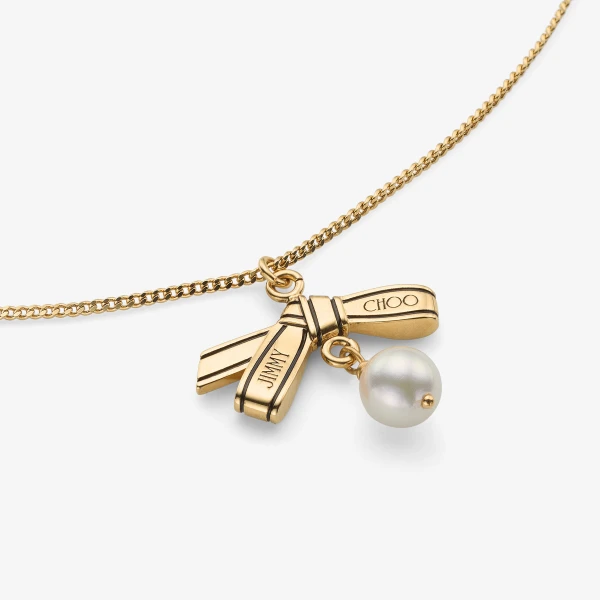 Gold, Black and White Jimmy Choo Ribbon Pendant Necklace, view 2 | Necklace