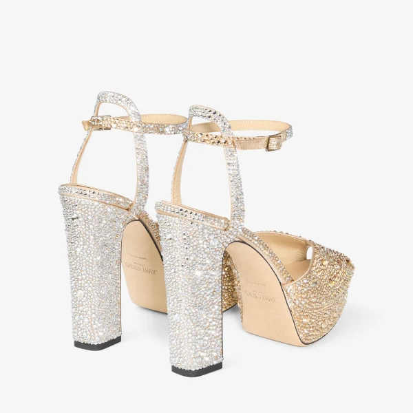 Gold and Crystal Jimmy Choo Sacaria Platform 120 Platform Sandals, view 6 | Sandals