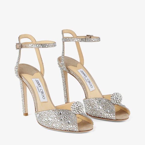 Nude and Crystal Jimmy Choo Sacora 100 Sandals, view 2 | Sandals