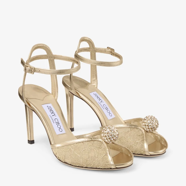 Gold and Crystal Honey Jimmy Choo Sacora 85 Sandals, view 2 | Sandals