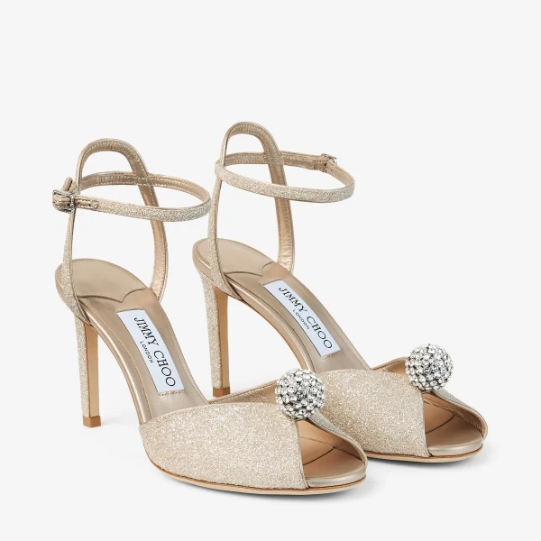 Light Soft Gold and Crystal Jimmy Choo Sacora 85 Sandals, view 3 | Sandals