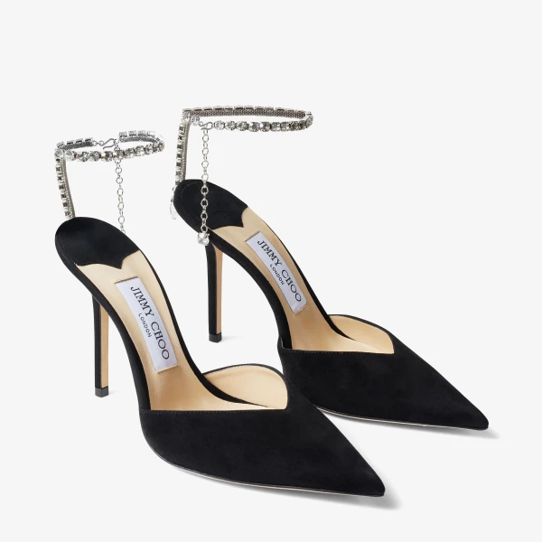 Black and Crystal Jimmy Choo Saeda 100 Pumps, view 2 | Heels