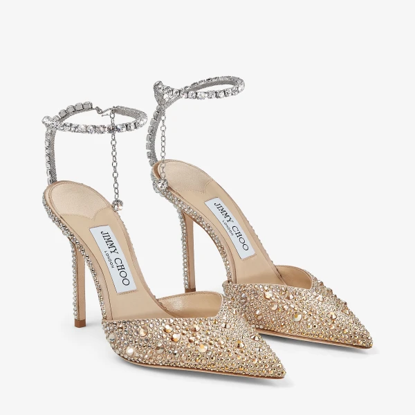 Gold and Crystal Jimmy Choo Saeda 100 Pumps, view 3 | Heels