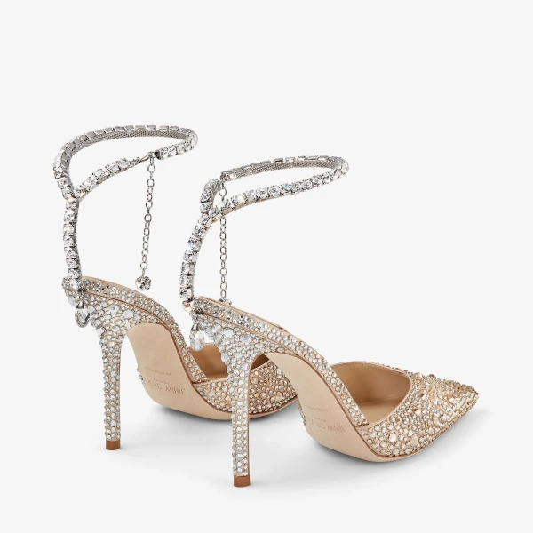 Gold and Crystal Jimmy Choo Saeda 100 Pumps, view 6 | Heels