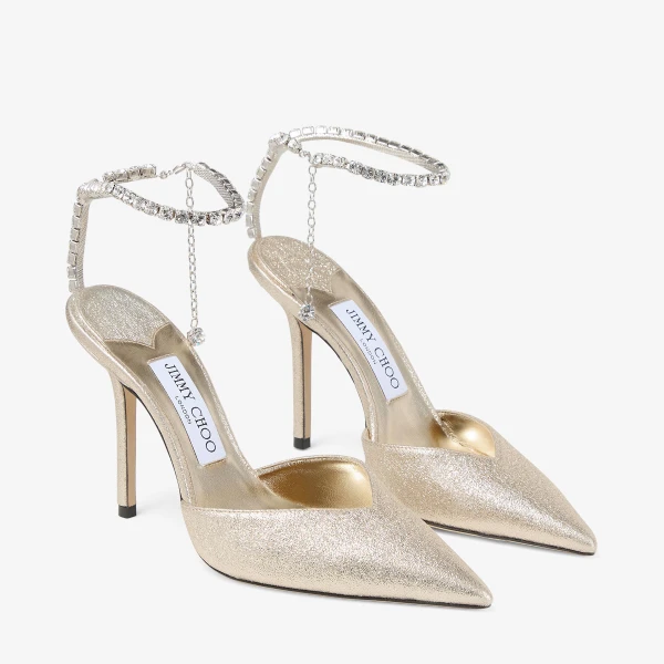 Platinum and Crystal Jimmy Choo Saeda 100 Pumps, view 3 | Heels