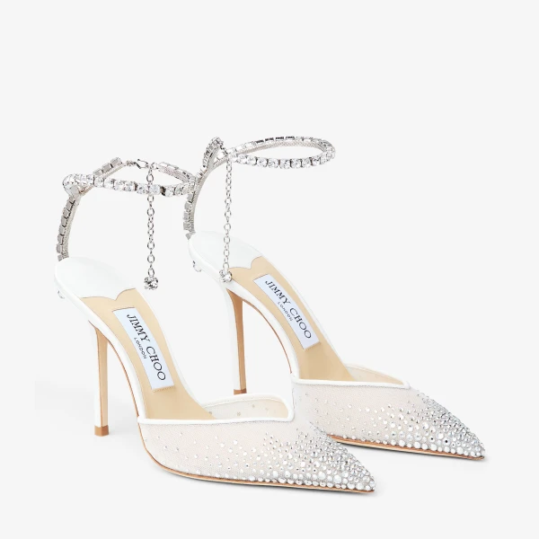 White and Crystal Jimmy Choo Saeda 100 Pumps, view 2 | Heels