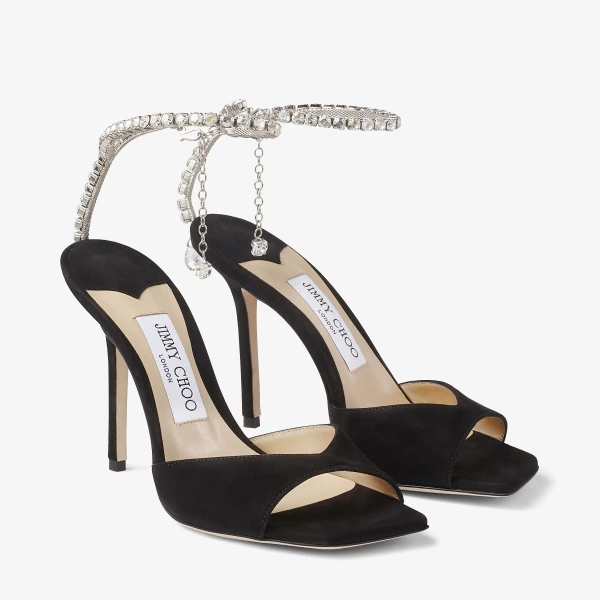 Black and Crystal Jimmy Choo Saeda Sandal 100, view 3 | Sandals