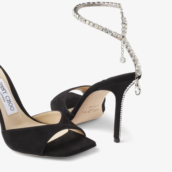 Black and Crystal Jimmy Choo Saeda Sandal 100, view 4 | Sandals