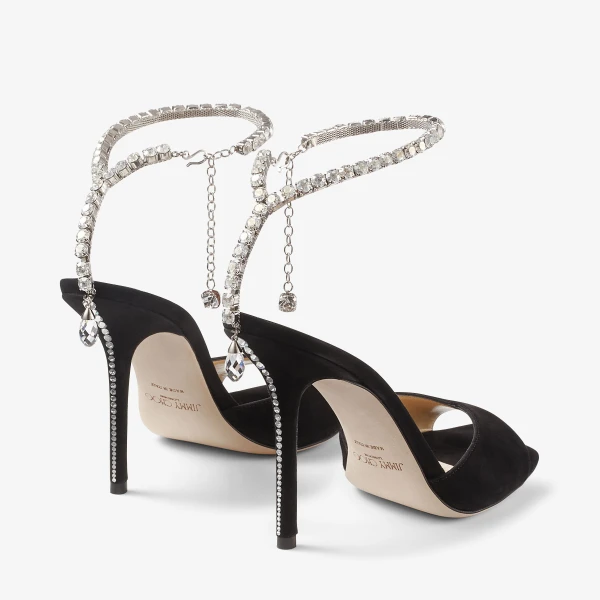 Black and Crystal Jimmy Choo Saeda Sandal 100, view 5 | Sandals