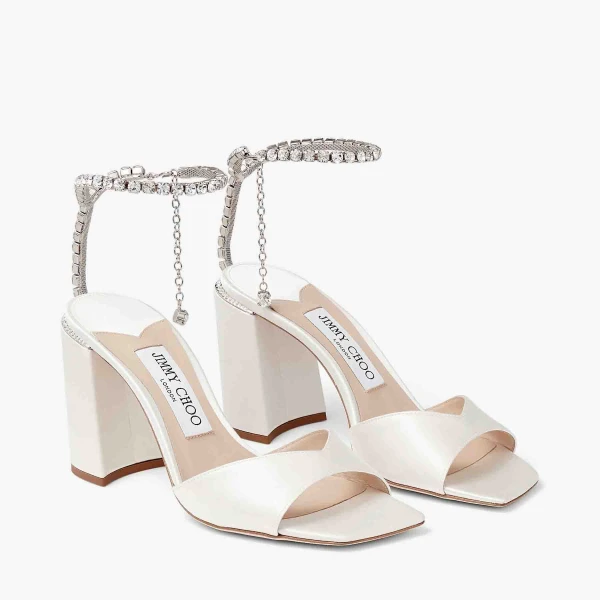 Ivory and Crystal Jimmy Choo Saeda Sandal Block Heel 85, view 2 | Sandals