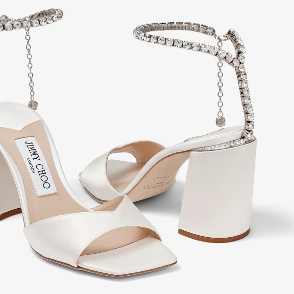 Ivory and Crystal Jimmy Choo Saeda Sandal Block Heel 85, view 3 | Sandals