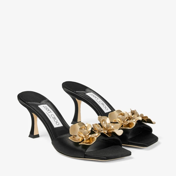 Black and Metal Mix Jimmy Choo Skye 70 Zea Flower Mule Sandals, view 3 | Mules