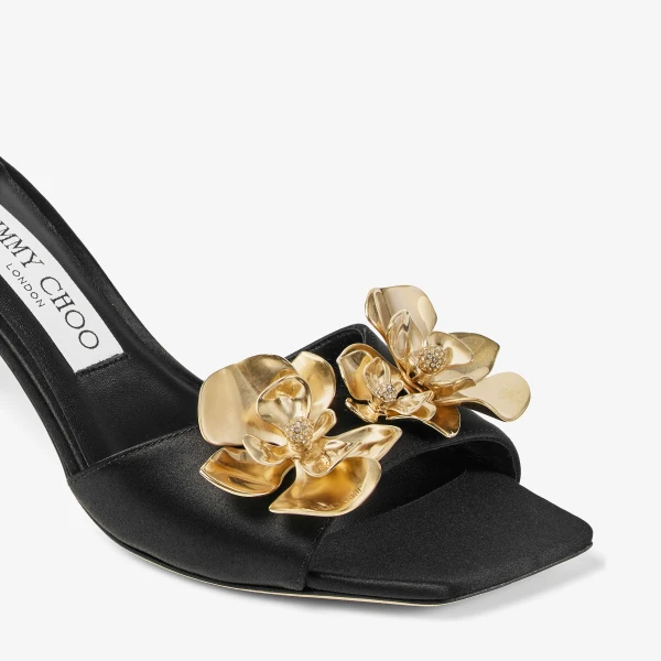 Black and Metal Mix Jimmy Choo Skye 70 Zea Flower Mule Sandals, view 4 | Mules