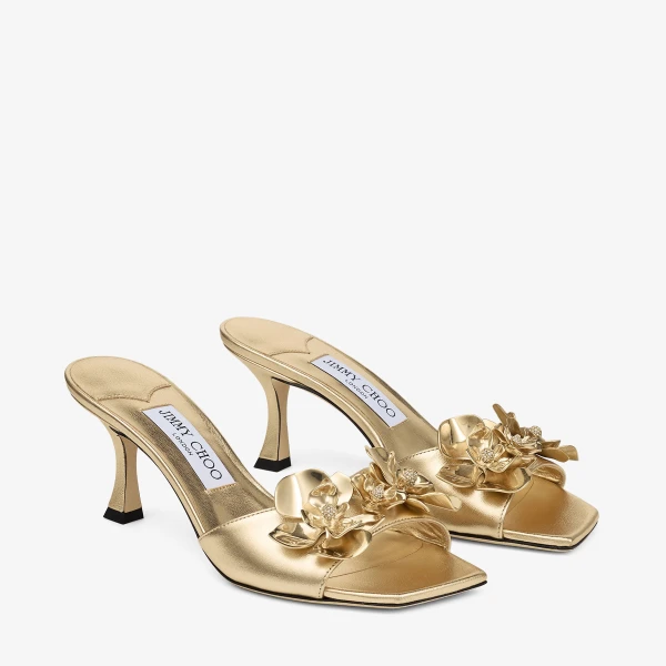 Gold and Metal Mix Jimmy Choo Skye 70 Zea Flower Mule Sandals, view 3 | Mules