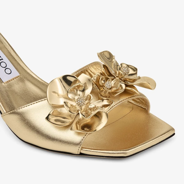 Gold and Metal Mix Jimmy Choo Skye 70 Zea Flower Mule Sandals, view 4 | Mules