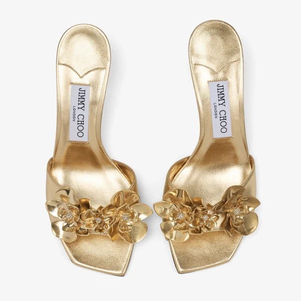 Gold and Metal Mix Jimmy Choo Skye 70 Zea Flower Mule Sandals, view 5 | Mules