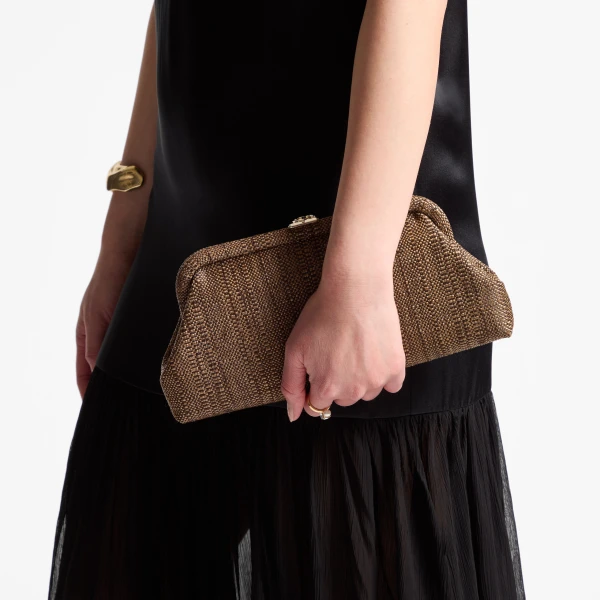 Tan and Light Gold Jimmy Choo Skylar Clutch Bag, view 2 | Clutch Bags