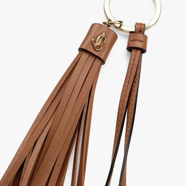 TAN and Light Gold Jimmy Choo Tassle Keyring Charm, view 2 | Bag charms
