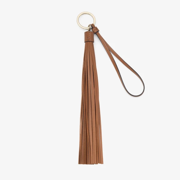 TAN and Light Gold Jimmy Choo Tassle Keyring Charm, view 3 | Bag charms