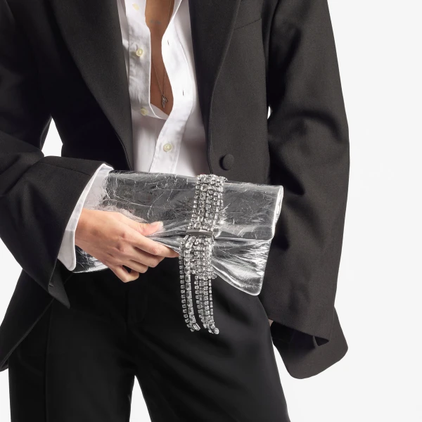 Silver Jimmy Choo Zandra Clutch Bag, view 2 | Clutch Bags
