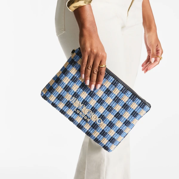Marine Mix and Ecru Jimmy Choo Zipped Flat Pouch, view 3 | Clutch Bags