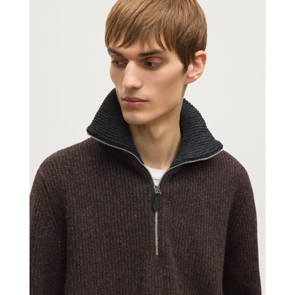 Johnstons of Elgin Chalmers Brown & Charcoal Half Zip Lambswool Jumper