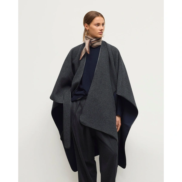 Johnstons of Elgin Charcoal Belted Cape with Leather Binding