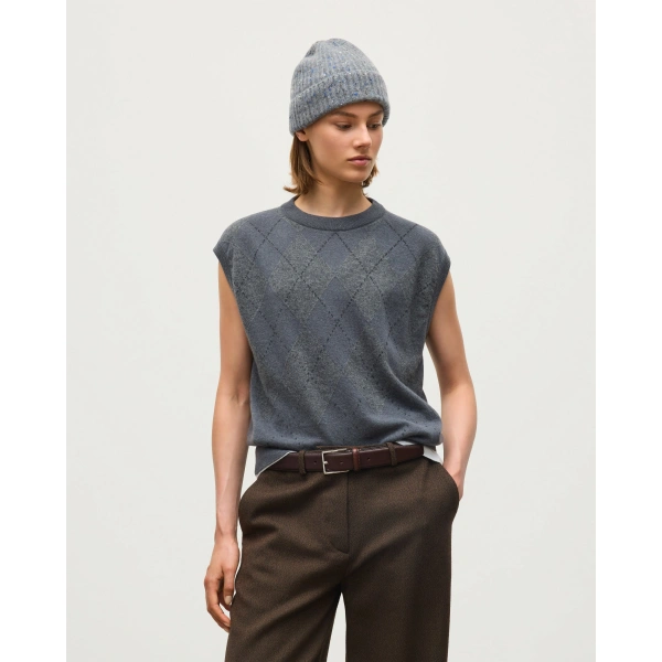 Johnstons of Elgin Clan Mid Grey Argyle Cashmere Tank