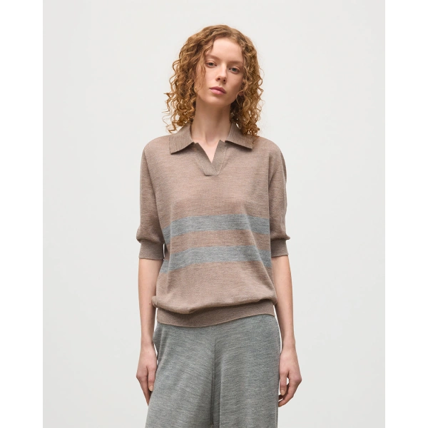 Johnstons of Elgin Coira Brown & Grey Superfine Cashmere Polo Shirt