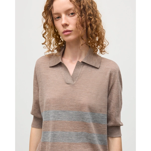 Johnstons of Elgin Coira Brown & Grey Superfine Cashmere Polo Shirt