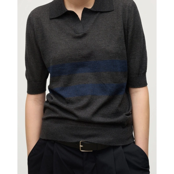 Johnstons of Elgin Coira Charcoal & Navy Superfine Cashmere Polo Shirt