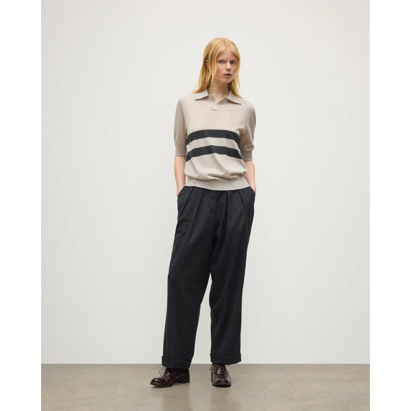 Johnstons of Elgin Coira Cream & Grey Superfine Cashmere Polo Shirt