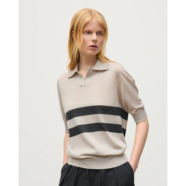 Johnstons of Elgin Coira Cream & Grey Superfine Cashmere Polo Shirt