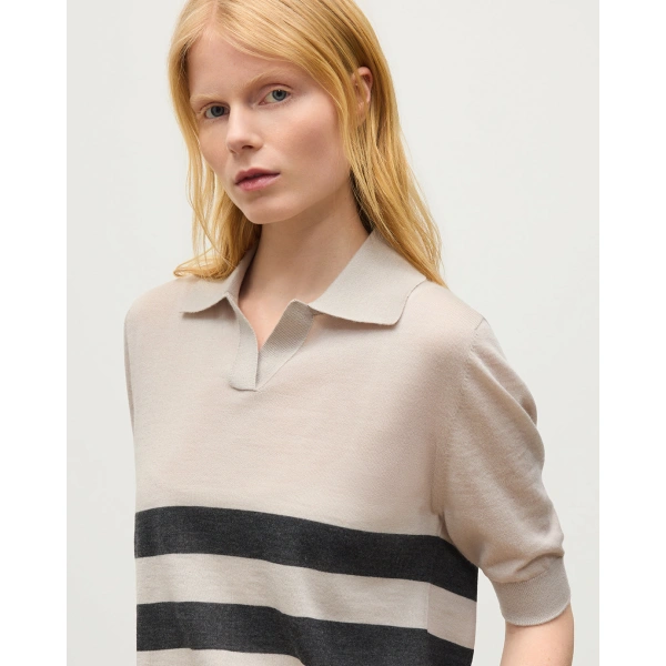 Johnstons of Elgin Coira Cream & Grey Superfine Cashmere Polo Shirt