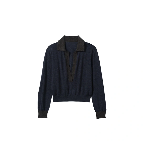 Johnstons of Elgin Dee Navy & Grey Superfine Cashmere Polo Shirt | Sweaters | Coveti